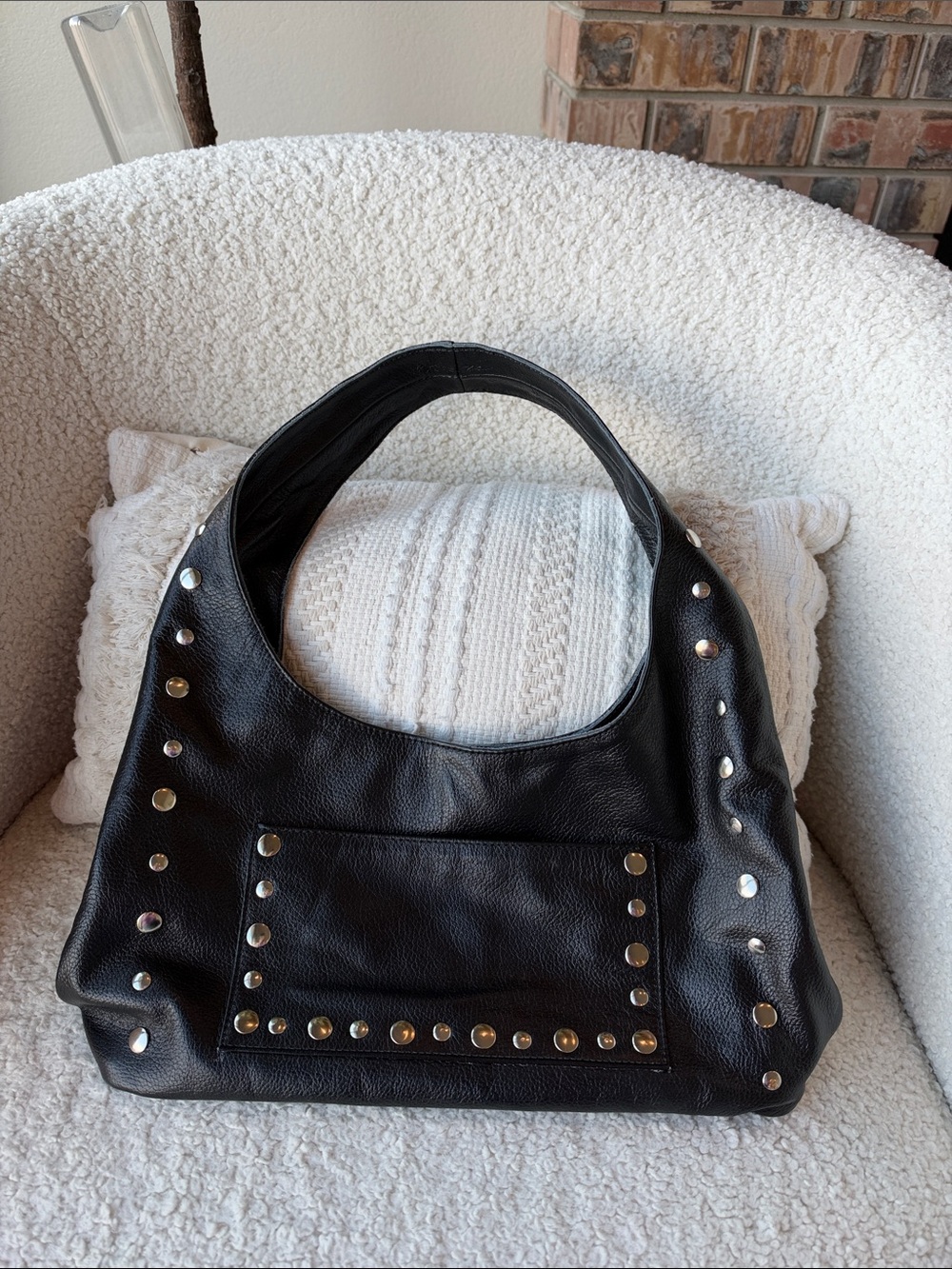 Handmade Vietnam Black Leather  Silver Studded Hobo Shoulder Bag NWOT